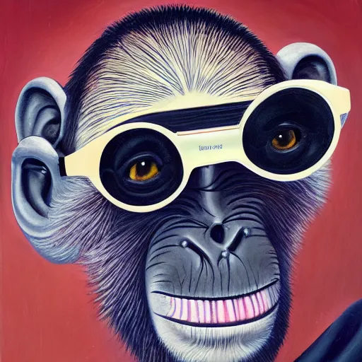 Prompt: a monkey kid with sunglasses portrait with porcelain face and big eyes, solar panels, dressed in a vintage shirt, conceptual art, oil fantasy painting, hyperdetailed, dramatic light, 8 k