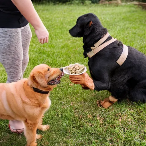 Prompt: a dog with one human leg being given wheat treats