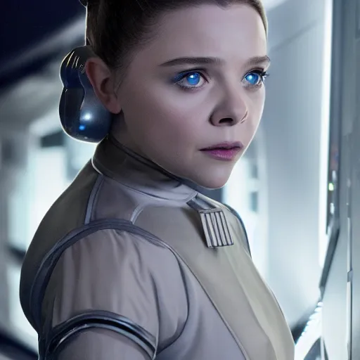 Prompt: Adult Chloe Moretz as Princess Leia, movie scene, XF IQ4, 50mm, F1.4, studio lighting, professional, Look at all that detail!, Dolby Vision, UHD