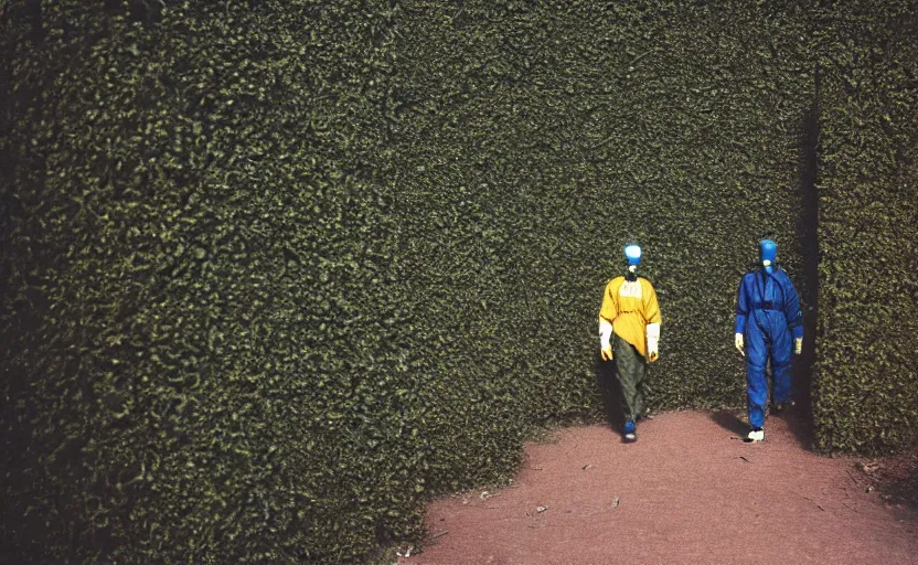 Prompt: cinestill 5 0 d photographic portrait by helen levitt of evil hazmat scientists walking through a brutalist hedge maze, extreme closeup, cinematic, modern cyberpunk, dust storm, 8 k, hd, high resolution, 3 5 mm, f / 3 2, tenet