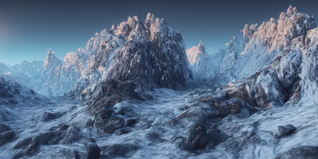 Image similar to stunning landscape, icy mountains, 8 k uhd, unreal engine, octane render in the artstyle of kuindzhi