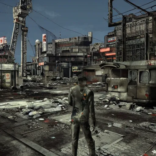 Image similar to Tokyo in ruins post-nuclear war in Fallout 4, in game screenshot