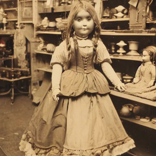 Image similar to human child standing in a victorian doll maker's shop looking at all of the dolls, 8 k, soft lighting, highly detailed realistic, face in focus 1 8 9 0's