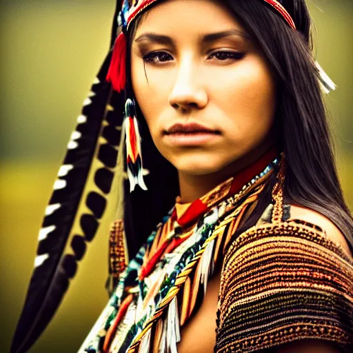 Image similar to a beautiful portrait of a native american woman with ornate clothing and beautiful fully rendered pretty face, dusk, cinematic, high resolution