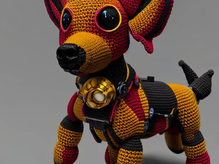 Image similar to multicolored crocheted cyborg dog, rpg reference, oil painting, trending on artstation, octane render, insanely detailed, 8 k, hd
