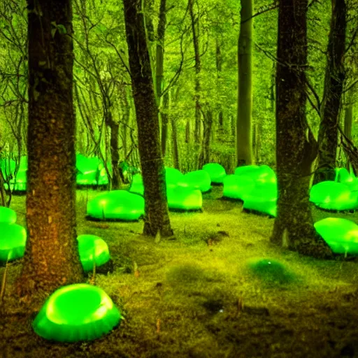 Prompt: glowing green jello mushrooms in a mystical forest, firefly trails