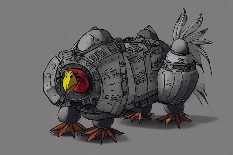 Image similar to heavily armoured mechanical chicken by studio ghibli