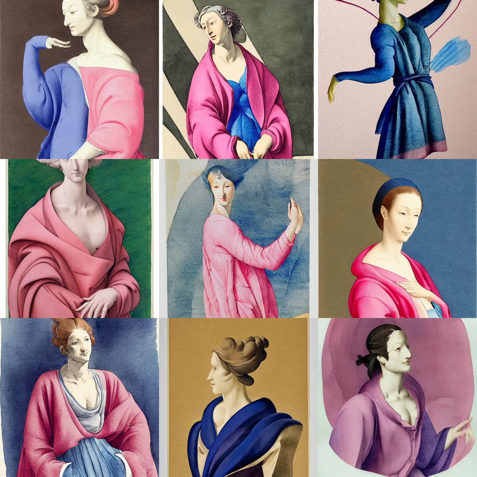 Prompt: woman modeling a stylish cardigan, sculpture by Michelangelo, line art by Hajime Ueda, watercolor on canvas by John James Audubon, sharp lines, blue and pink, uplifting