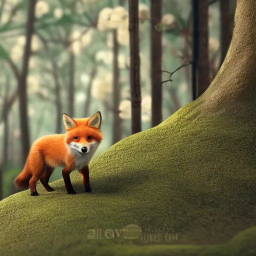 Image similar to small red fox in a forest full of white magnolias, fantasy, octane render, highly detailed