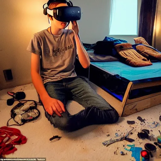 Image similar to A teenage caucasian boy wearing a VR-headset sitting on his messy bed, the room is very small with a lot of junk laying around. The dim room is lit by a bright light escaping from the VR-headset. dim lighting, award-winning