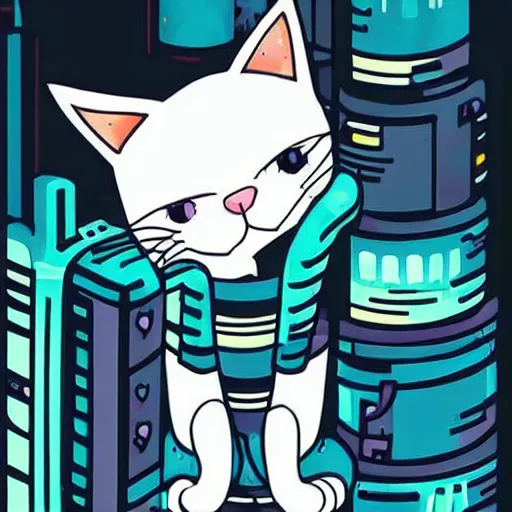 Prompt: a cute white cat art, epic cyberpunk art