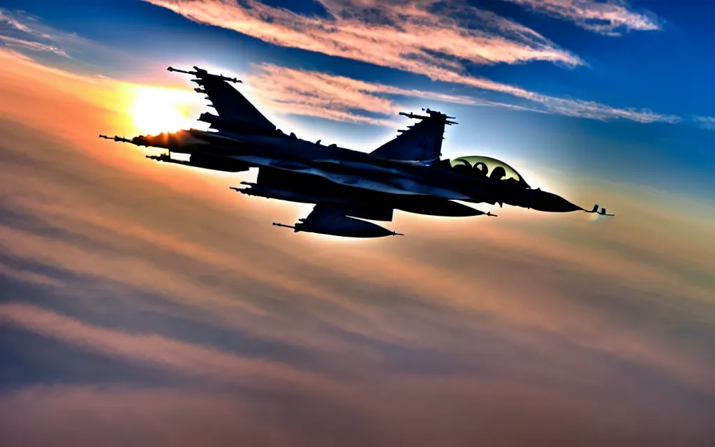 Prompt: photo of a f 1 6 jet plane flying in the sunset over the clouds