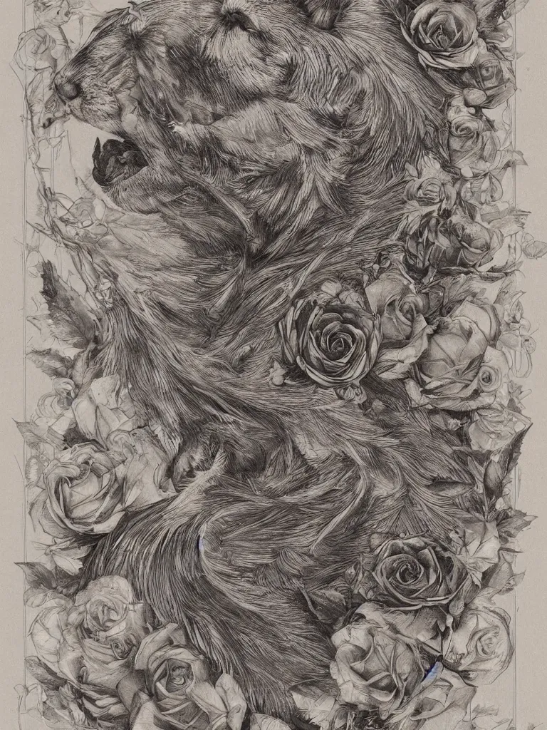 Prompt: beautiful decorative ornament fibonacci rhythms, spirit wolf, classical ornament, roses, rose petals, leaves, stems, highly detailed etching, rendered in octane