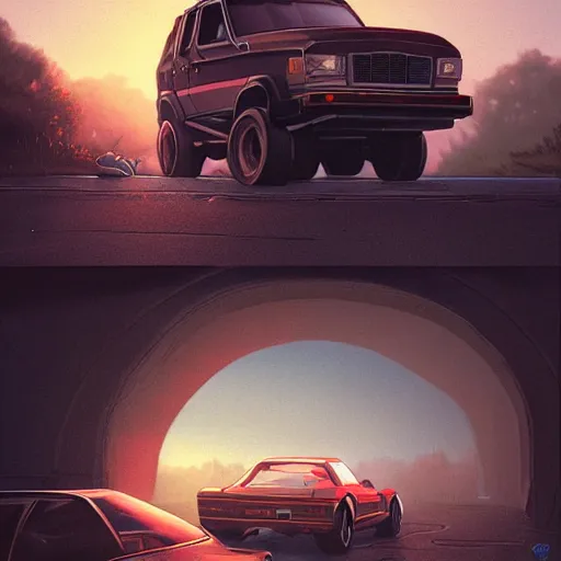 Prompt: detailed intricate digital illustration by greg rutkowski and artgerm and wlop and sanford robinson gifford ; 1 9 9 4 vehicle, 1 3 mm film, wide angle arri alfa anamorphic lens ; bright, vintage headlights and 1 9 9 0 s design ; sharp focus, soft evening lighting