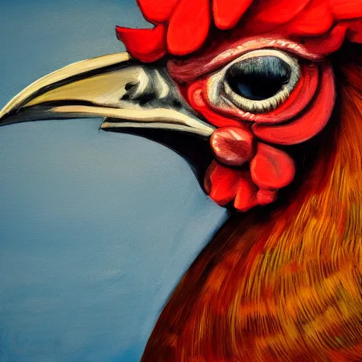 Prompt: head on portrait of a rooster