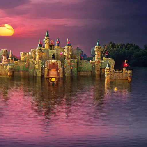 Prompt: an incredible floating castle and a floating boat, at sunset, very details, 8 k, by neil blevins