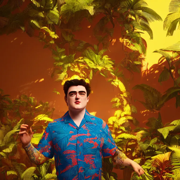 Image similar to a cinematic shot of palmer luckey, aloha shirt, colorful, octane render, volumetric lighting, nvidia raytracing demo, by Andy Thomas, Mario Martinez, Daniel Mirante, Gustave Dore, Artstation, CGsociety, masterpiece