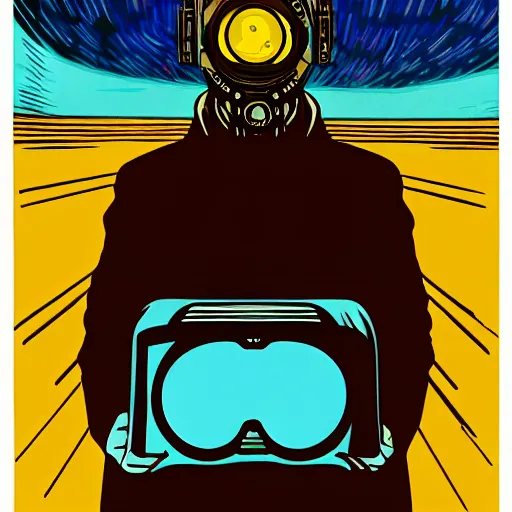 Image similar to Illustrated by Shepard Fairey and Greg Rutkpwski | Portrait of a Cyberpunk Van Gogh with VR helmet, surrounded by cables