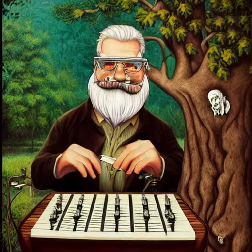 Image similar to old man white beard playing a synthesizer in a tree house, notes and clefs listening, lowbrow surrealistic, in the style of mark ryden,