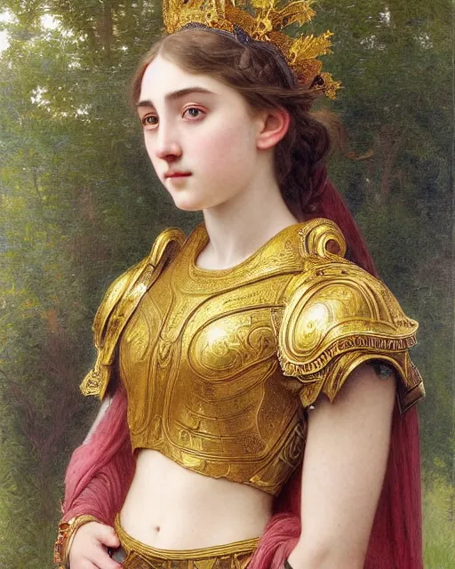Prompt: a 16-year old girl who resembles Ana de Armas and Saoirse Ronan, dressed in ornate, detailed, intricate golden armor, detailed oil painting by William Adolphe Bouguereau and Donato Giancola