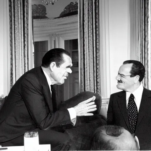 Prompt: President Richard Nixon speaks with Super Mario. White House Photo.