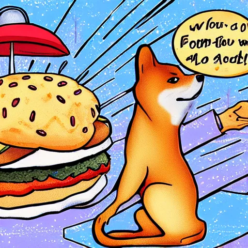 Prompt: a fortune-telling shiba inu reading your fate in a giant hamburger, digital art