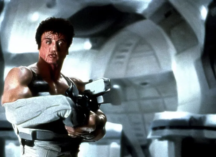 Image similar to sylvester stallone in a still from the movie Total Recall (1990)