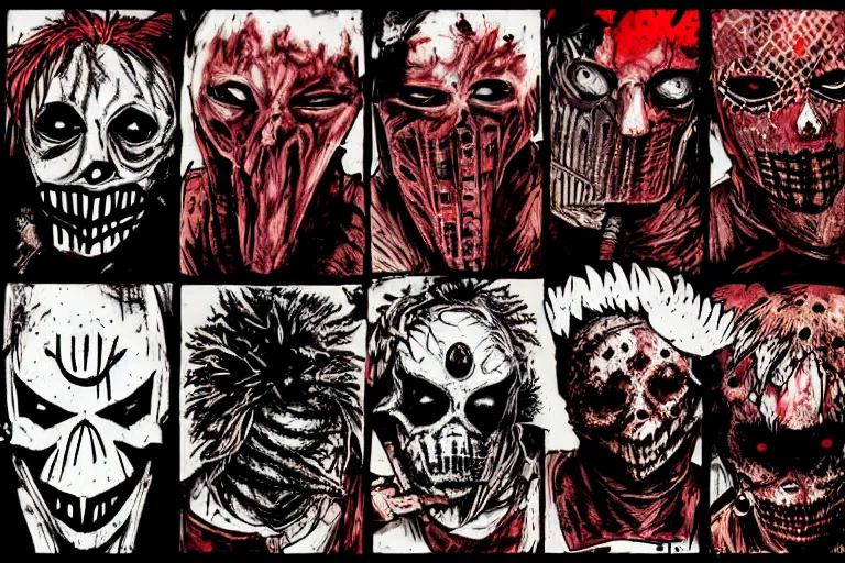 Prompt: slipknot in the style of dorohedoro, artstation, album cover