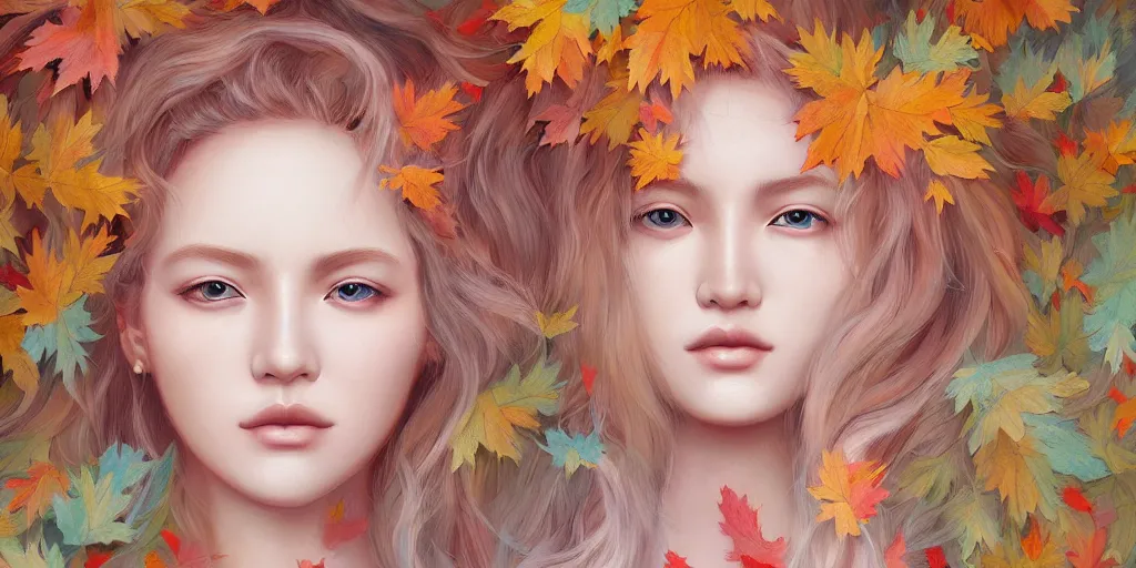 Image similar to breathtaking detailed concept art painting pattern pastel colors of blonde hair faces blend with autumn leaves, by hsiao - ron cheng, bizarre compositions, exquisite detail, 8 k