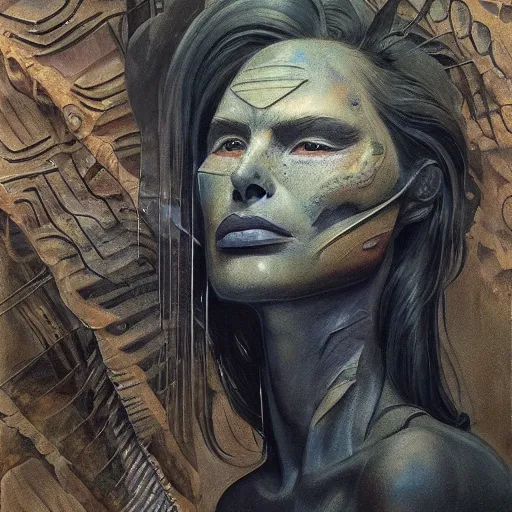 Image similar to detailed face of a woman with obsidian eyes in a biomorphic courtyard with dna sculptures at a science expo, atmospheric, ambient, pj crook, syd mead, livia prima, artgerm, greg rutkowski, nick alm, casey baugh