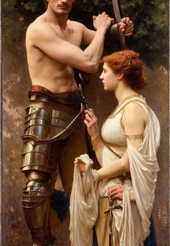 Prompt: attractive handsome fully clothed jaime lannister confesses his love for attractive fully armored lady knight brienne of tarth. highly detailed painting by gaston bussiere and j. c. leyendecker and william adolphe bouguereau, musee d'orsay 8 k