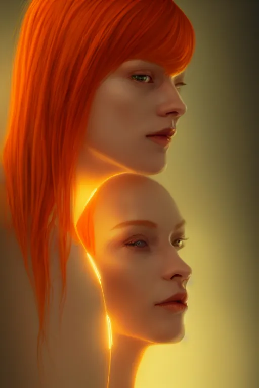 Image similar to Portrait of a beautiful pale skin Nordic female with short orange hair, elegant, photorealistic, highly detailed, artstation, smooth, sharp focus, gold ornaments, neon lighting, sci-fi, art by Klimt.