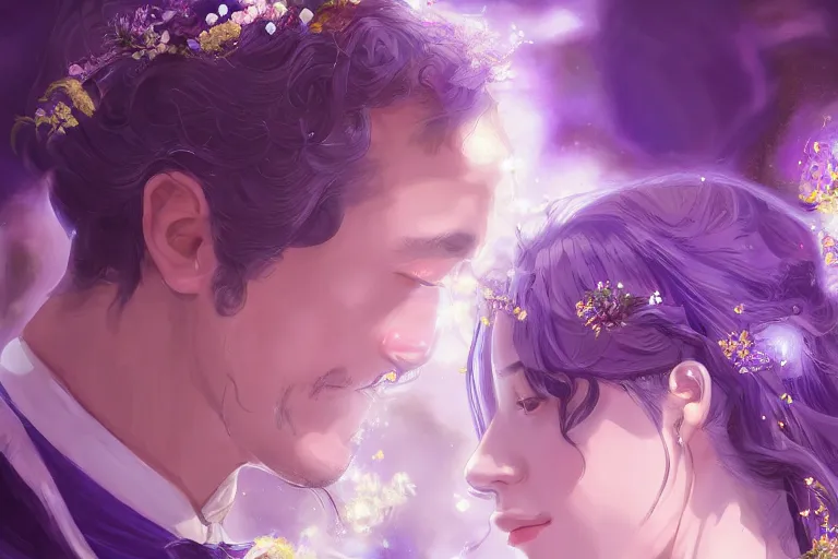 Prompt: a cinematic portrait of wedding photograph jpeg close up moment of a divine a japan sun god and moon goddess lovers magician at a wedding banquet. portraiture. digital painting. artstation. concept art. wedding photo. digital painting, 8 k realistic, hyper detailed, violet evergarden art masterpiece by art by krenz cushart