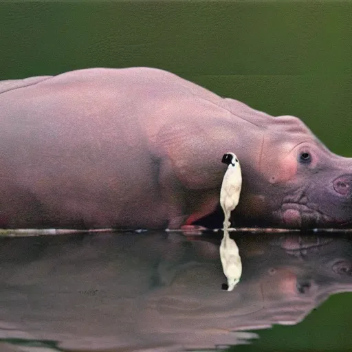 Prompt: symbiotic relationship of a hippo and a bird, river, stained camera photos