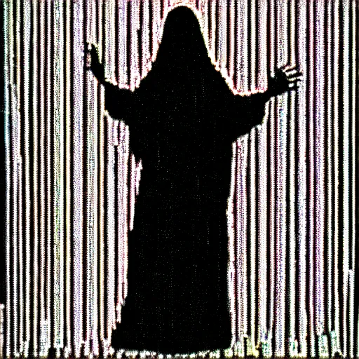 Image similar to vhs static overlay of marian apparition, vhs, 1 9 9 0, highly realistic, highly detailed, vhs noise static, black and white, vhs glitch