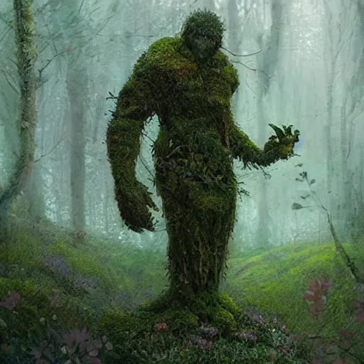Prompt: a beautiful humanoid monster made out of moss and flowers. ethereal fantasy art by greg rutkowski