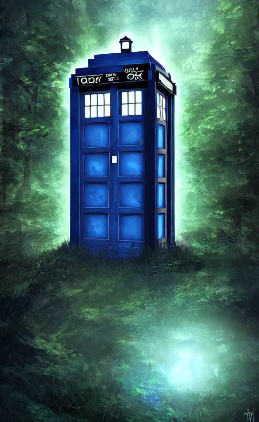 Image similar to a portrait of a tardis, in the woods, dynamic lighting, photorealistic fantasy concept art, trending on art station, stunning visuals, creative, cinematic, ultra detailed