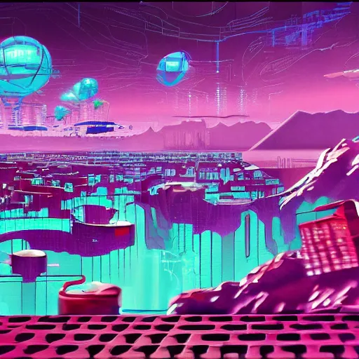 Prompt: a dream of a surreal landscape full of cyber punk computers battling megabytes