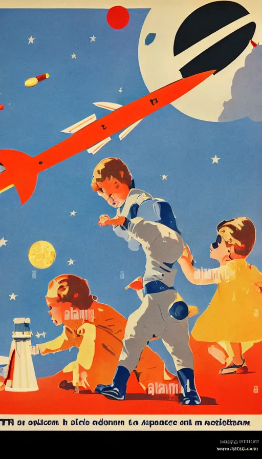 Image similar to retro propaganda poster for space exploration, rocket launching, small humans watching