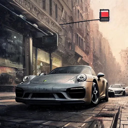 Image similar to porsche in city, chaos, digital art,ultra realistic,ultra detailed,art by greg rutkowski