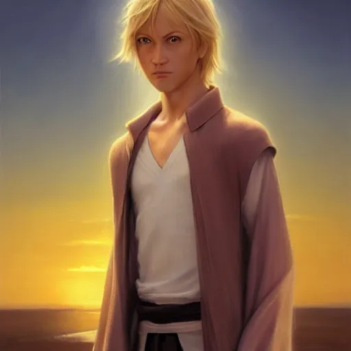 Image similar to a young blonde male jedi with short hair standing still looking at the sunset concept art by Doug Chiang cinematic, realistic painting, high definition, concept art, portait image, path tracing, serene landscape, high quality, highly detailed, 8K, soft colors, warm colors, turbulent sea, high coherence, anatomically correct, hyperrealistic, concept art, defined face, five fingers, symmetrical