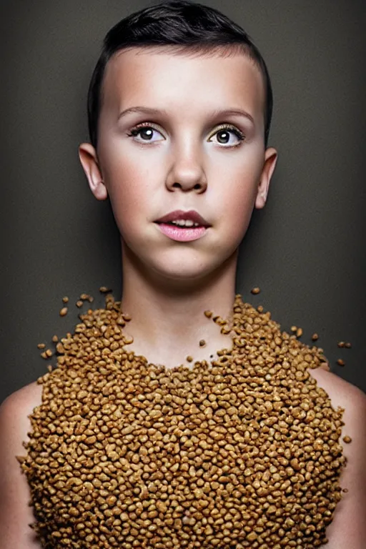 Image similar to millie bobby brown made out of beans, portrait photography