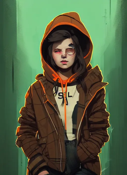 Image similar to highly detailed portrait of a sewer seattle young lady, tartan hoody, by atey ghailan, by greg rutkowski, by greg tocchini, by james gilleard, by joe fenton, by kaethe butcher, gradient green, brown, blonde crea, orange, brown and white color scheme, grunge aesthetic!!! ( ( graffiti tag wall background ) )