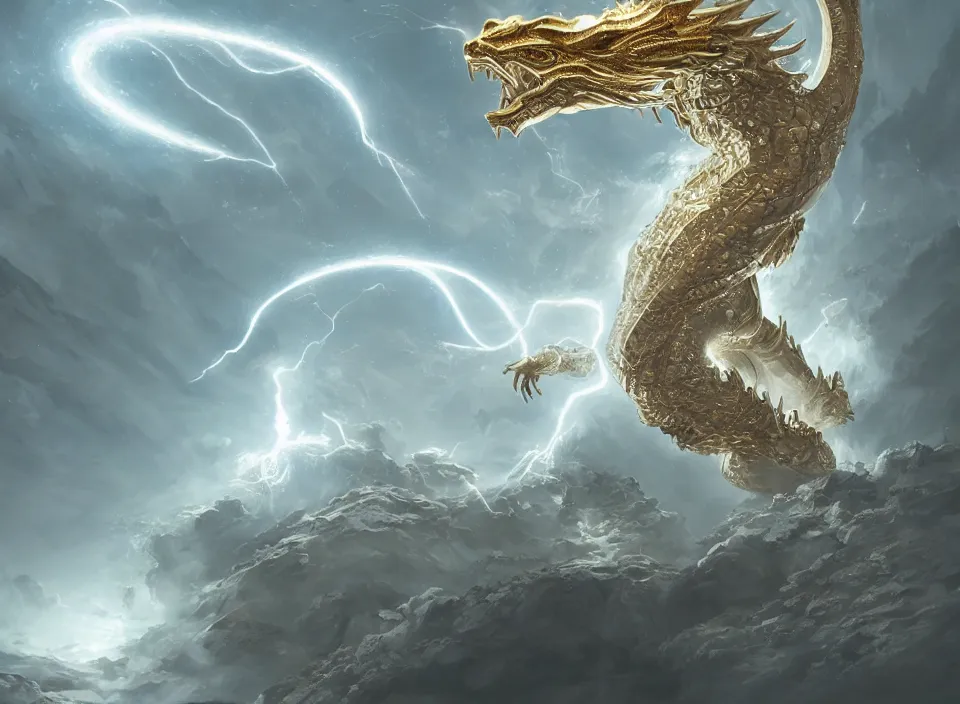 Image similar to a white - gold sacred dragon surrounded by lightning and holy light, aura of light, artificial intelligence, scifi, futuristic, highly detailed, trending on artstation, lee ji - eun, advanced technology, art by vitaly bulgarov and nivanh chanthara and lance wilkinson