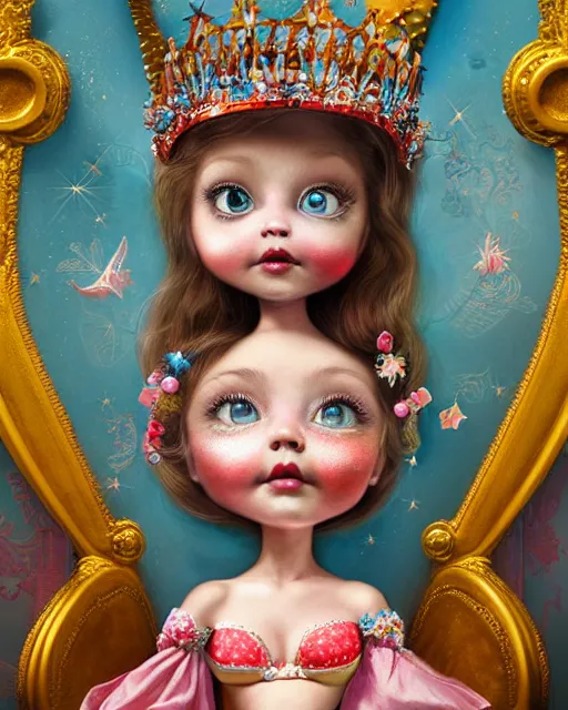 Prompt: closeup profile portrait of a tin toy fairytale princess wearing a crown and sitting on a throne, bikini, hyper realistic, artstation, illustration, concept art by nicoletta ceccoli, mark ryden, lostfish, dan decarlo, bob clampett, max fleischer, digital paint, matte paint, washed colors, dark, gloomy, detailed and intricate environment