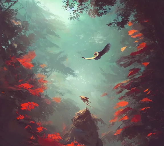 Prompt: a bird flying through a forest, wind streaks. Adventurous. By Makoto Shinkai, Stanley Artgerm Lau, WLOP, Rossdraws, James Jean, Andrei Riabovitchev, Marc Simonetti, krenz cushart, Sakimichan, trending on ArtStation, digital art.