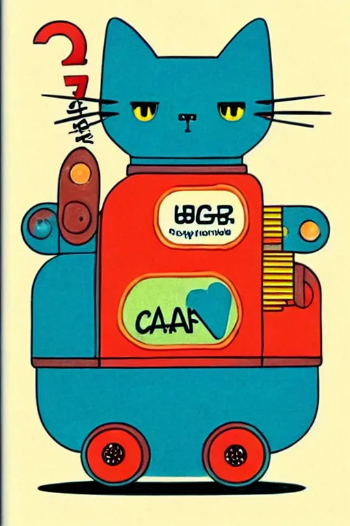 Image similar to ( ( ( ( ( ( ( a robot cat riding a cyber wagon ) ) ) ) ) ) ) by richard scarry!!!!!!!!!!!!!! muted colors, detailed