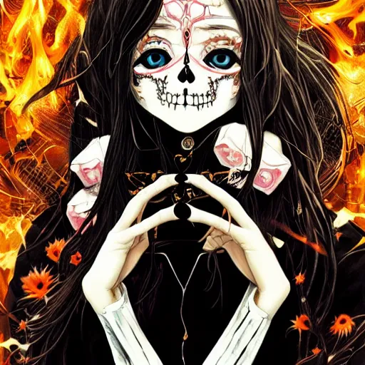 Image similar to anime manga skull portrait young woman, devil, fire, skeleton, intricate, elegant, steve mccurry, highly detailed, digital art, ffffound, art by JC Leyendecker and sachin teng