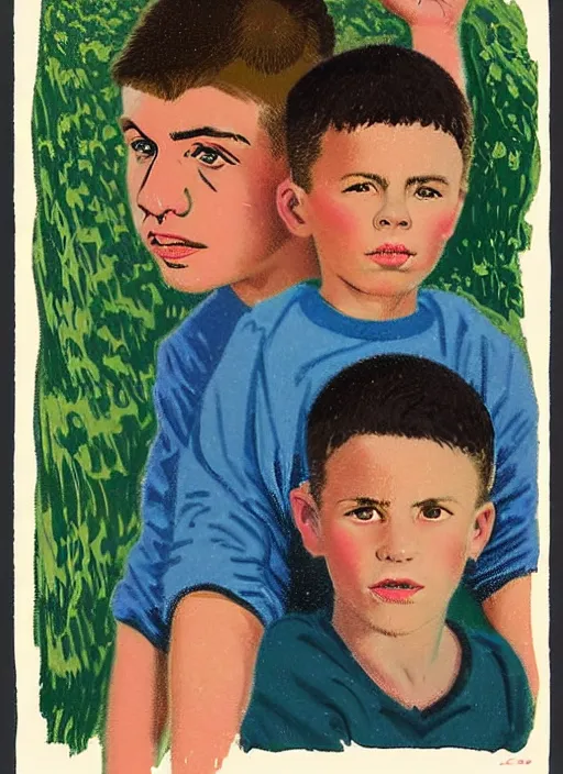 Prompt: an extreme close - up low angle portrait of a young boy and his young brother in a scenic representation of mother nature and the meaning of life by billy childish, thick visible brush strokes, shadowy landscape painting in the background by beal gifford, vintage postcard illustration, minimalist cover art by mitchell hooks