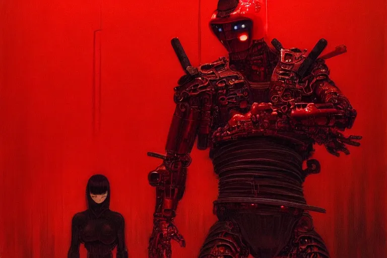 Image similar to only with red, a red cyborg samurai, tokio futuristic in background, some evil yokai fight, in the style of beksinski, parts by edward hopper, parts by rodcenko, parts by yue minjun, intricate and epic composition, red by caravaggio, insanely quality, highly detailed, masterpiece, red light, artstation, 4 k